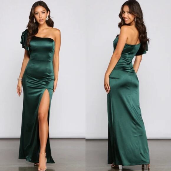 Windsor Charmaine Formal One-Shoulder Satin Dress In Hunter Green Size L - Picture 1 of 15